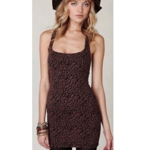 Free People Leopard Print Bodycon Merlot Red & Black Racerback Mini Dress Size M - Picture 1 of 15